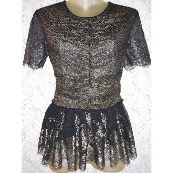 MARCHESA Sz 4 Black & Gold Metallic Ruffled Peplum Top - Picture 1 of 9